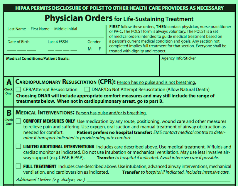 caption: The default in Washington state is to be rescusitated. Residents must fill out this bright green end-of-life care form (known as a POLST) to forgo being revived. 