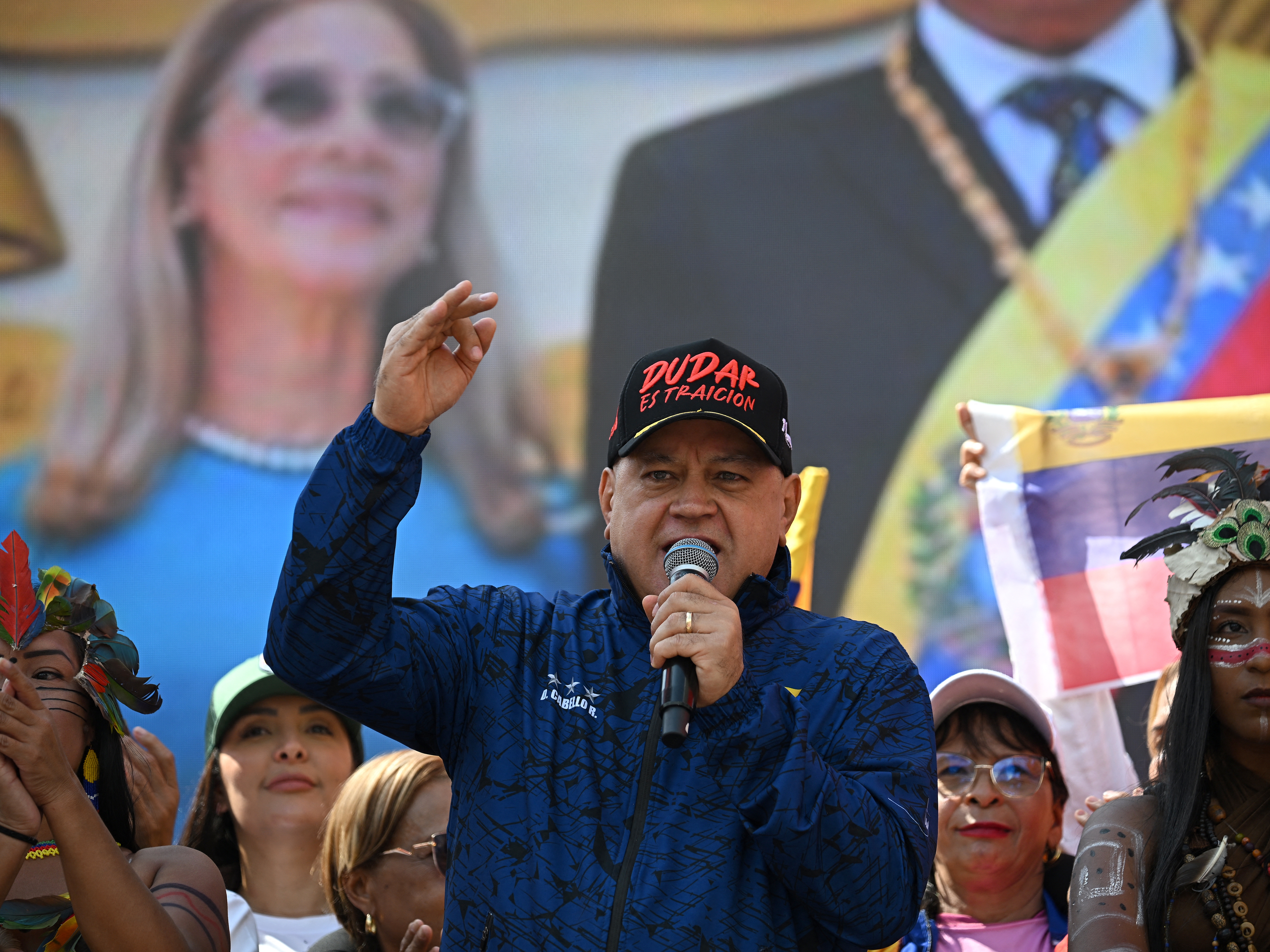 caption: Venezuela's Minister of Interior Diosdado Cabello delivers a speech during a women's rally in support of ousted Venezuela's President Nicolas Maduro and his wife Cilia Flores in Caracas on Jan. 6, 2026.