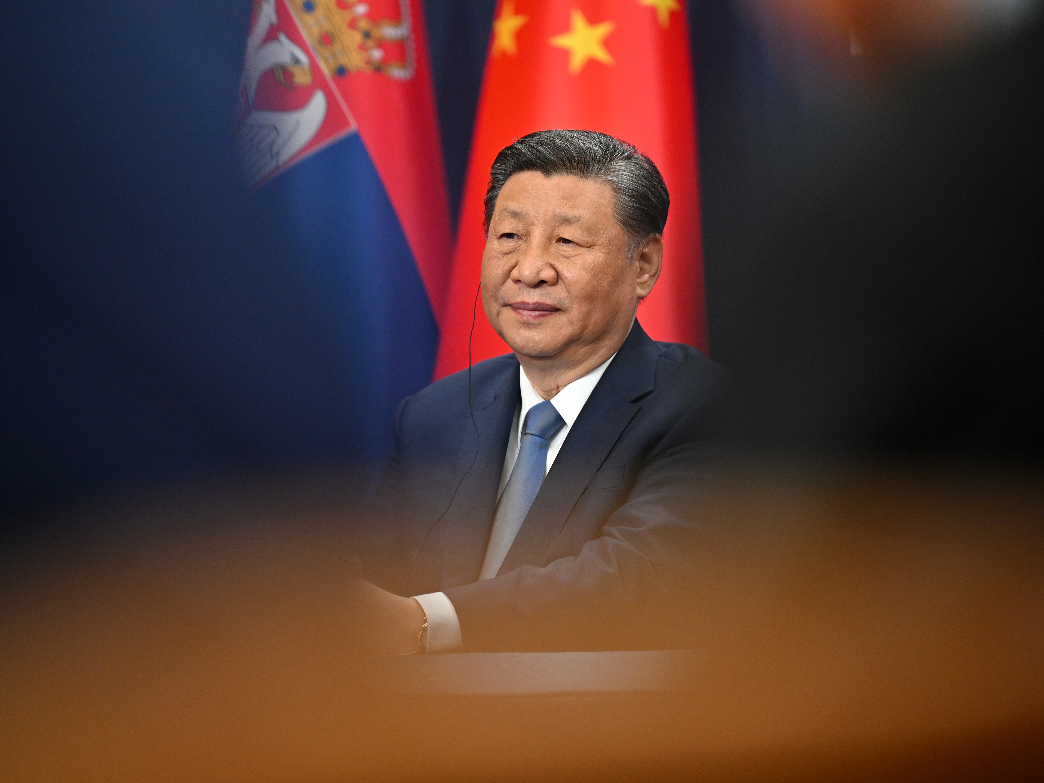 caption: Xi Jinping, China's president, during a news conference in Belgrade, Serbia, on May 8.
