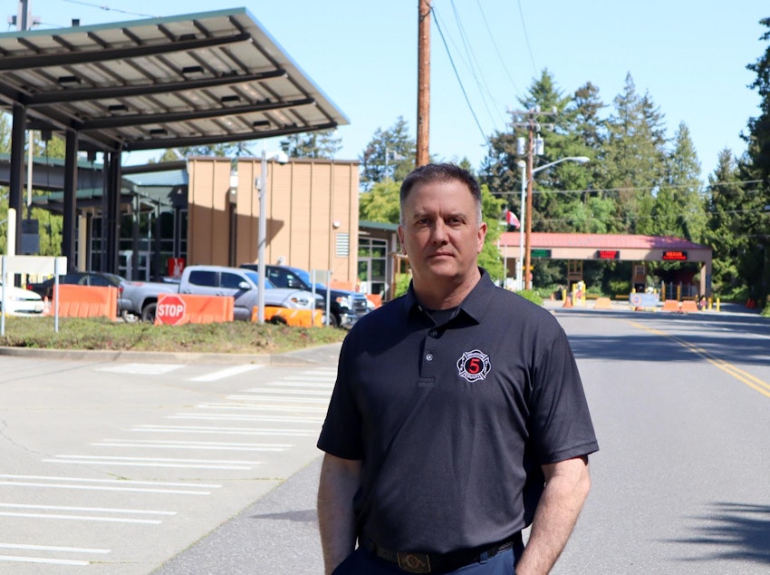 caption: Chief Christopher Carleton of Whatcom County Fire District 5 proposes to open a drive-thru vaccination site on the U.S. side of the Point Roberts border crossing.