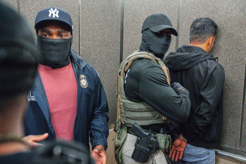 caption:  Immigration and Customs Enforcement agents escort a detained immigrant into an elevator after he exited an immigration courtroom, June 17, 2025, in New York. (AP Photo/Olga Fedorova, file)
