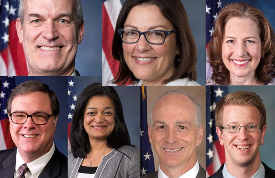 caption: The Washington state Democrats in the U.S. House have all said publicly they endorse an impeachment proceeding for President Donald Trump. Clockwise from top left: Rick Larsen, Suzan Del Bene, Kim Schrier, Denny Heck, Pramila Jayapal, Adam Smith, and Derek Kilmer.