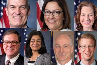 caption: The Washington state Democrats in the U.S. House have all said publicly they endorse an impeachment proceeding for President Donald Trump. Clockwise from top left: Rick Larsen, Suzan Del Bene, Kim Schrier, Denny Heck, Pramila Jayapal, Adam Smith, and Derek Kilmer.