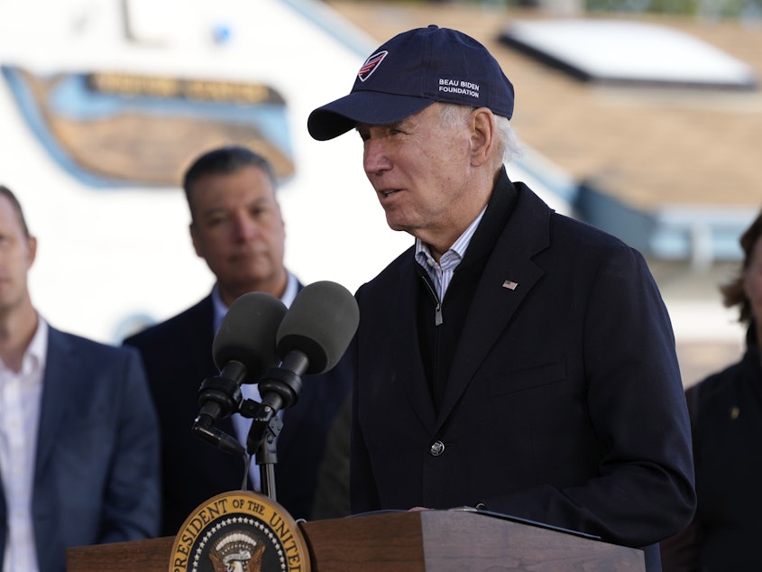 caption: President Biden visited Aptos, Calif., Thursday, to tour damage caused by the recent series of storms. He told reporters he has no regrets about how he and his lawyers have handled the discovery and disclosure of classified documents found at his former office and personal residence.