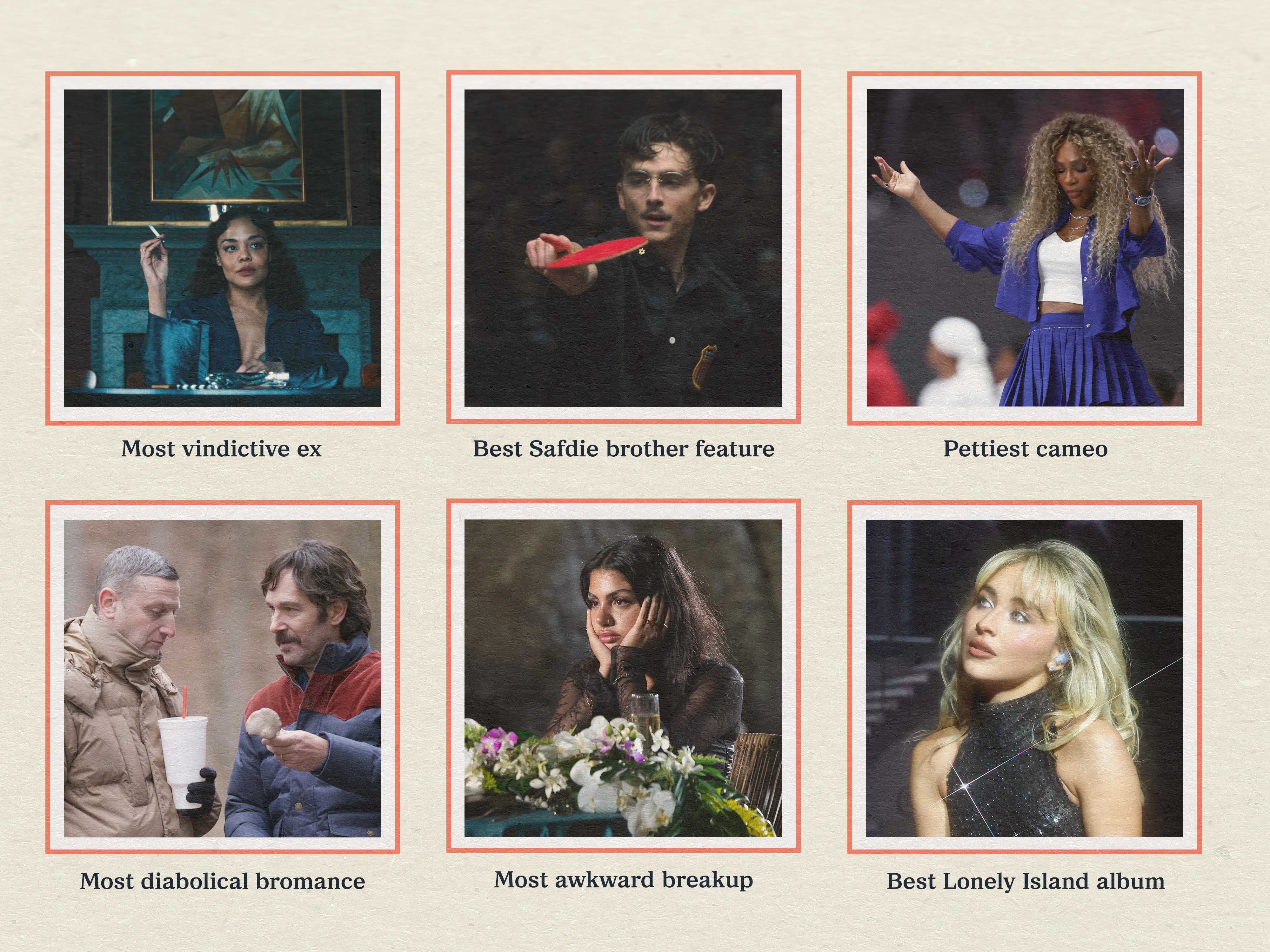 caption: Aisha Harris' pop culture superlatives include (clockwise from top left) <em>Hedda</em>, <em>Marty Supreme</em>, Serena Williams at the Super Bowl, Sabrina Carpenter's lyrics, <em>Love Island USA</em> and <em>Friendship</em>.