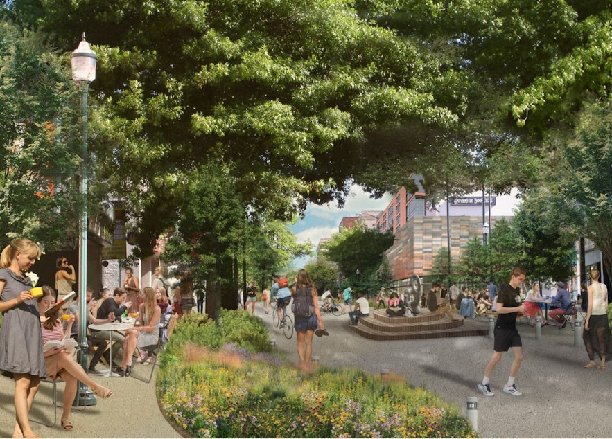 caption: An artist's rendition of what University Way NE could look like, after it gets turned over for pedestrians. Advocates hope that could happen as soon as 2024, but they'll need to address local business concerns to keep it moving forward.