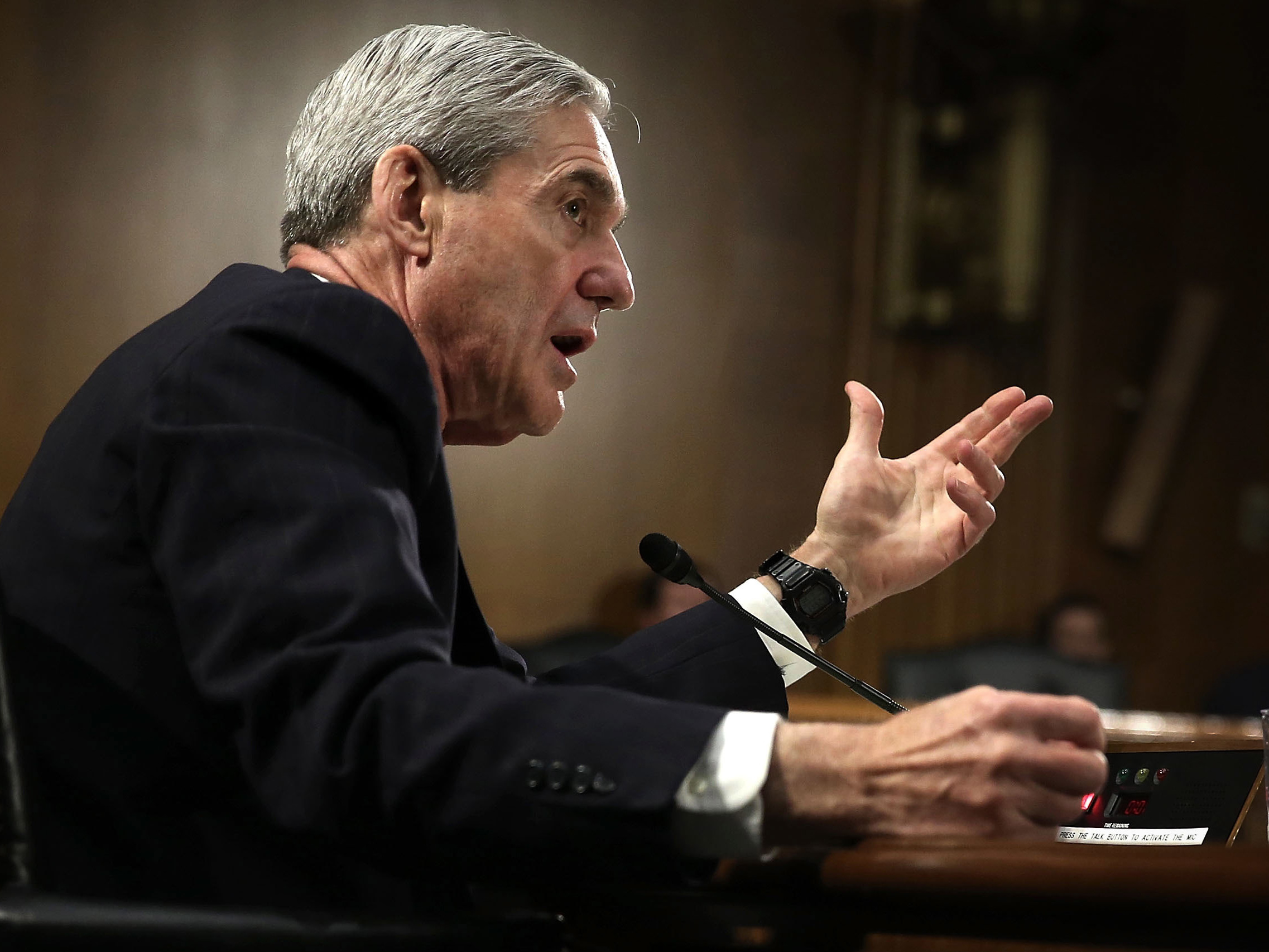 caption: Then-FBI Director Robert Mueller testified during a Senate hearing in 2013. Lawmakers are studying old film to prepare for his hearings scheduled for next week.