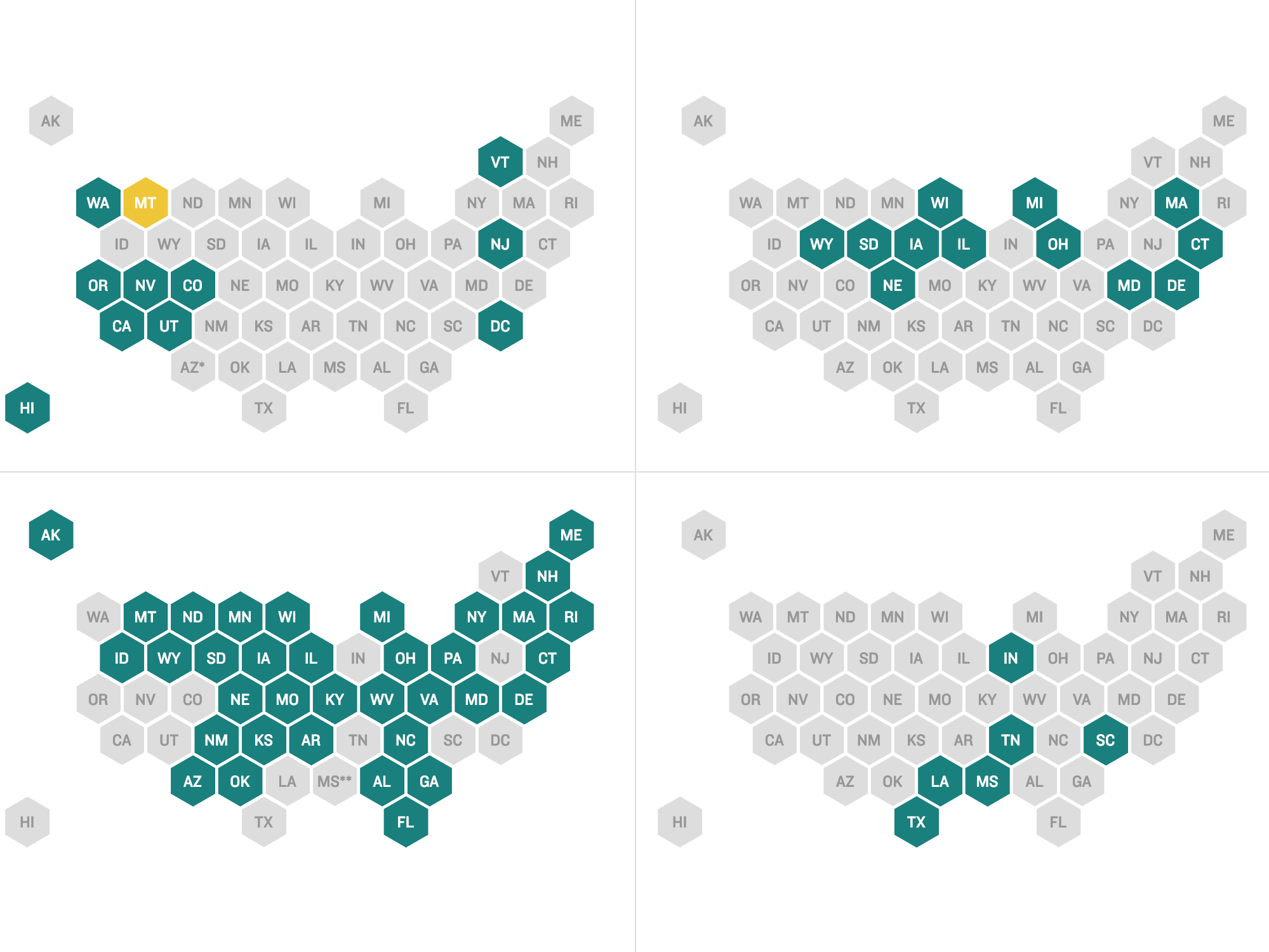 Series of maps showing absentee voting laws by state