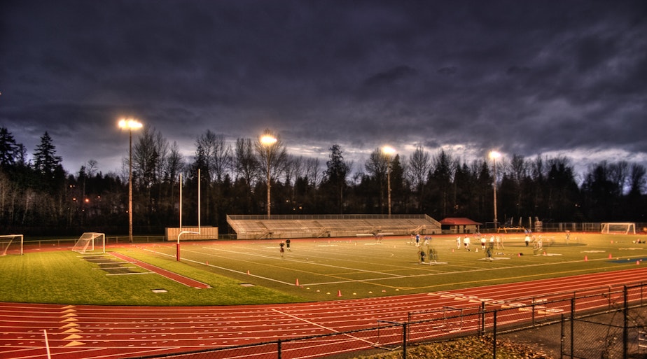 caption: Juanita High School football field in Kirkland, Washington.