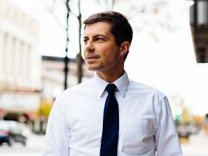 caption: Democratic presidential candidate Mayor Pete Buttigieg in South Bend, Ind.