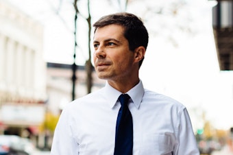 caption: Democratic presidential candidate Mayor Pete Buttigieg in South Bend, Ind.