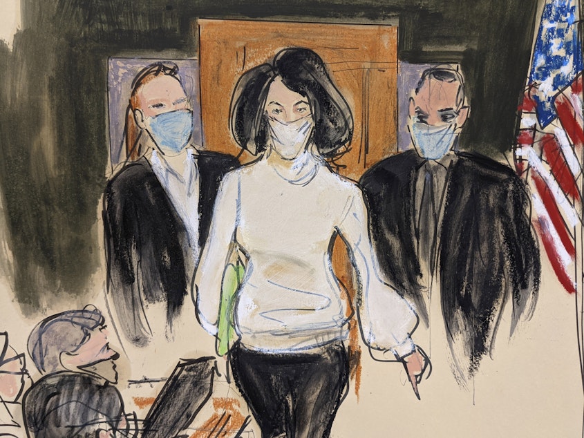 caption: In this courtroom sketch, Ghislaine Maxwell enters the courtroom escorted by U.S. Marshalls at the start of her trial, Nov. 29, 2021, in New York.