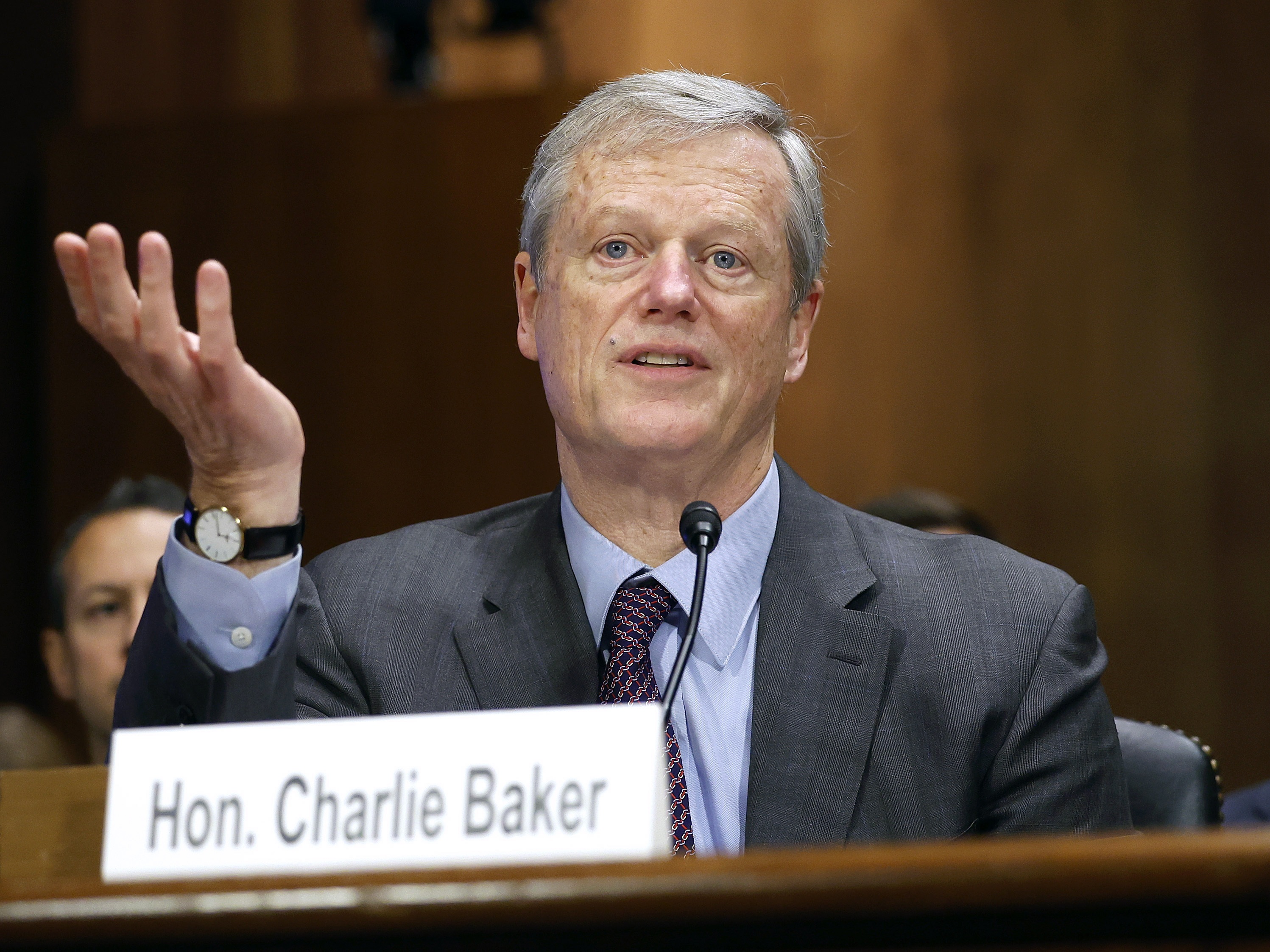 caption: Charlie Baker, the president of the NCAA, testifies before the Senate Judiciary Committee during a hearing about legalized sports gambling.