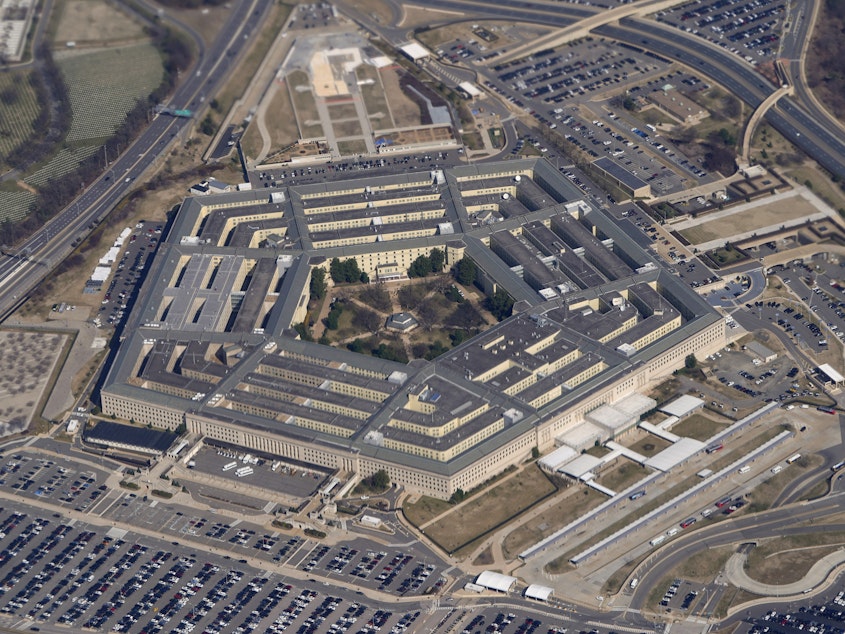 caption: The Pentagon is seen from Air Force One as it flies over Washington on March 2.