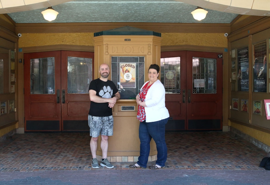 caption: Christopher Sadler and Anji Viola (of Skagit Valley College) co-produce the Skagit Valley Drag Show, photographed outside the Lincoln Theater on 1st Street in Mount Vernon in April, 2021