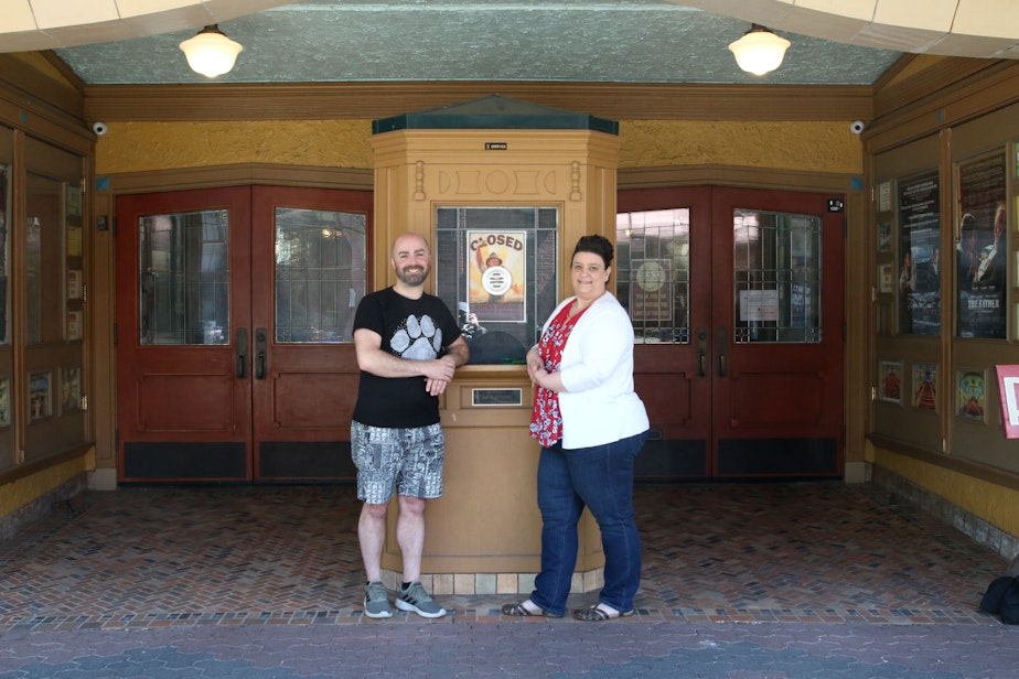 caption: Christopher Sadler and Anji Viola (of Skagit Valley College) co-produce the Skagit Valley Drag Show, photographed outside the Lincoln Theater on 1st Street in Mount Vernon in April, 2021