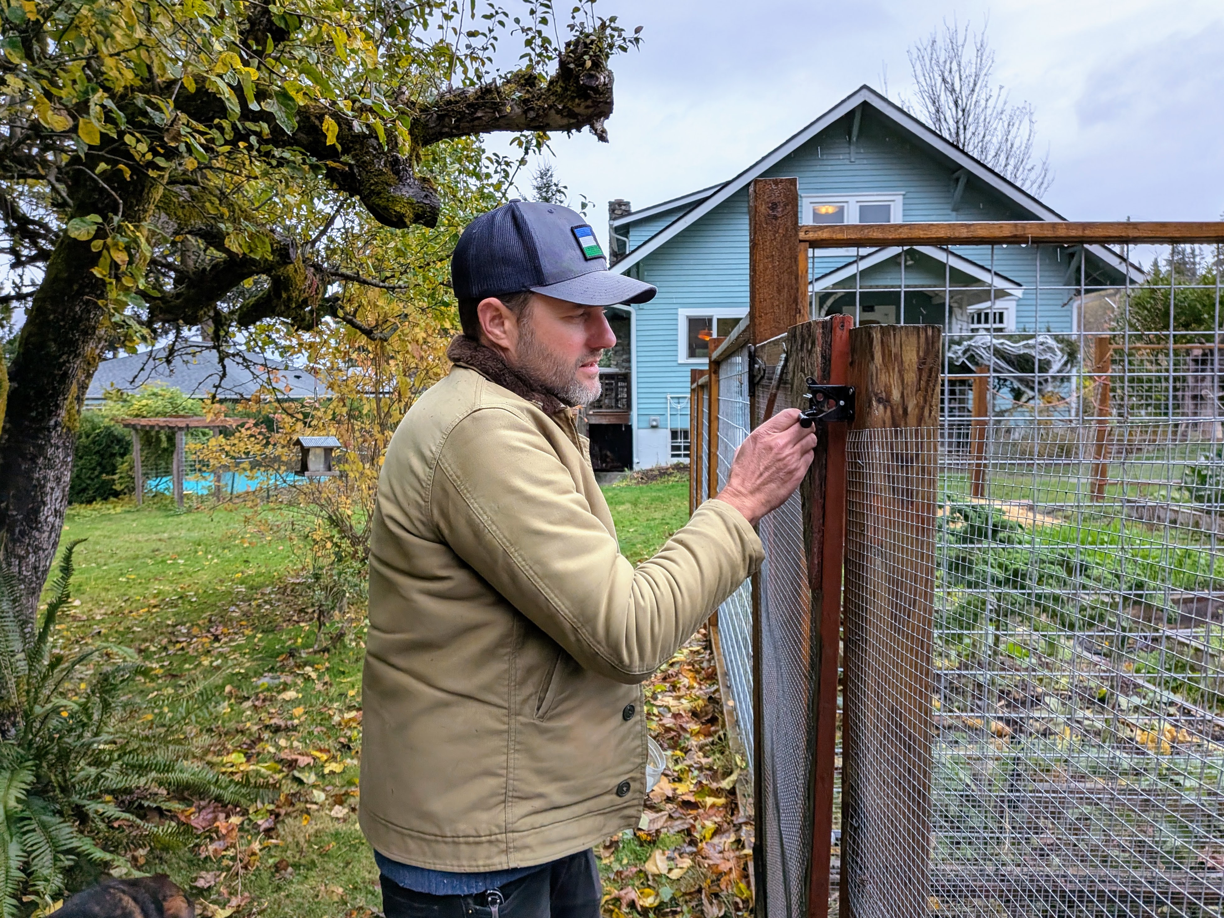 caption: Dove Mark feeds chickens on his property in Bellingham, where his family moved, in part, to escape climate risks in Northern California.