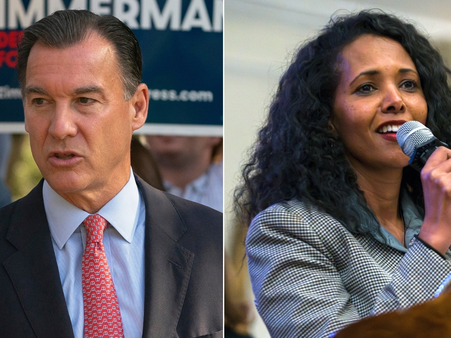 caption: Former Rep. Tom Suozzi, D-N.Y., left, is competing to replace expelled GOP Rep. George Santos against congressional candidate Mazi Pilip, right.
