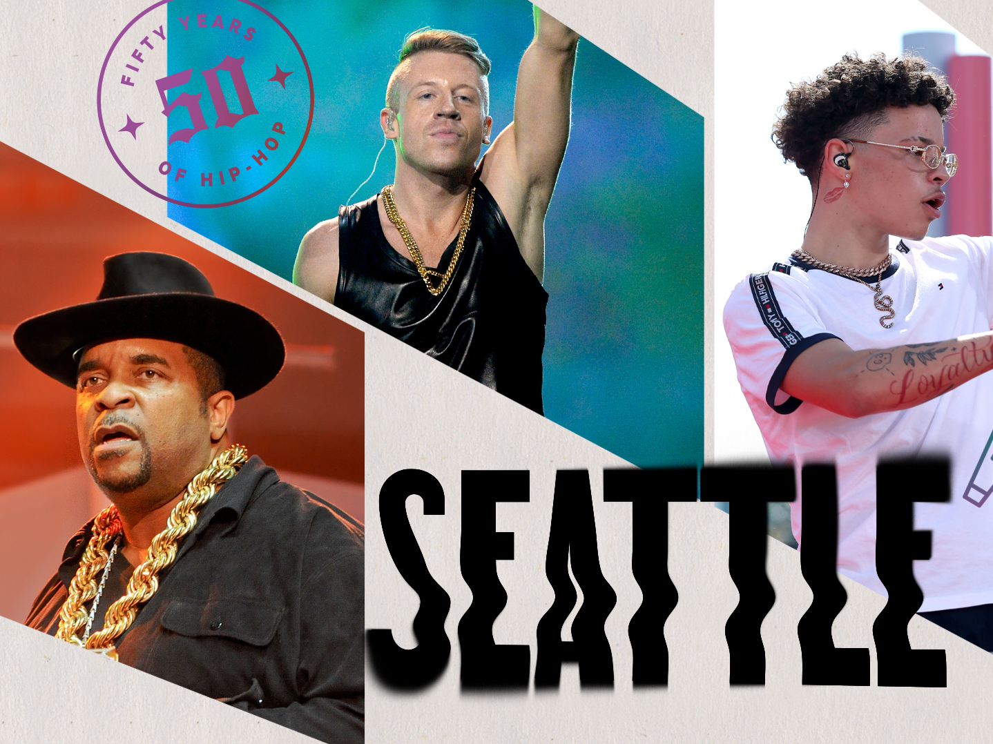 caption: Sir Mix-a-Lot, Macklemore, Lil Mosey & Ishmael Butler. Collage by Jackie Lay / NPR.