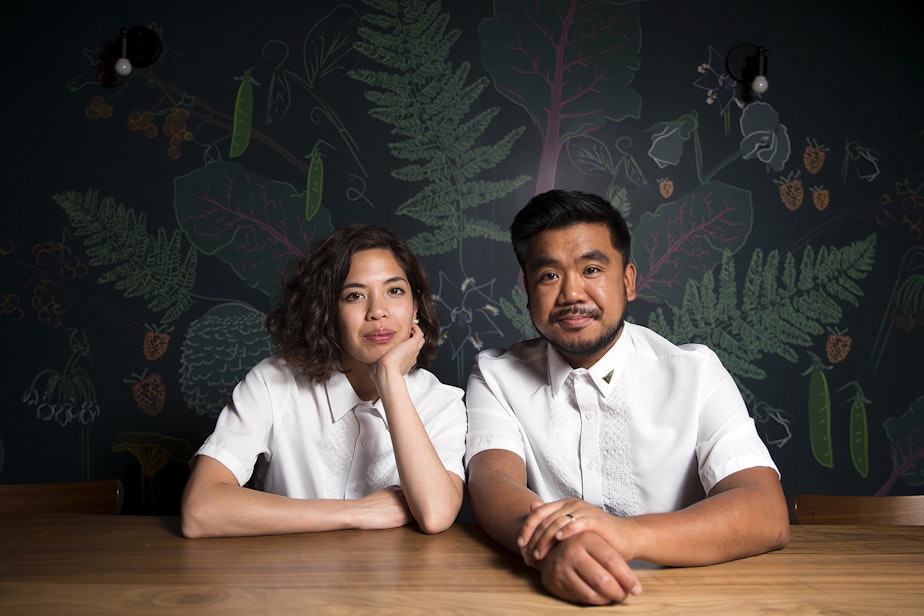 caption: Amber Manuguid and Aaron Verzosa pose for a portrait at their South Seattle restaurant Archipelago.