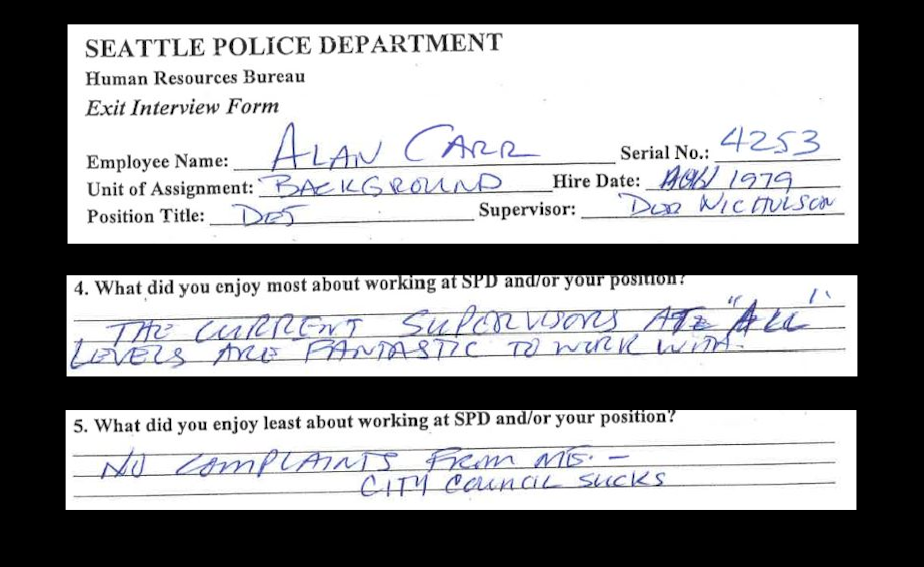 caption: Alan Carr, a retiring Seattle Police detective, praised his supervisors but wrote "City Council sucks" in his exit survey.