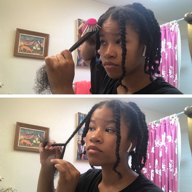 caption: After applying some leave-in conditioner, Nike Adejumobi brushes out a section of her hair, and then twists a section of her hair. Doing her entire head takes about three hours.
