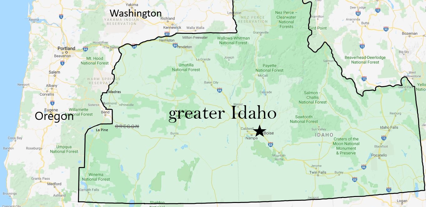 caption: One of the proposed “Greater Idaho” maps, which calls for several Eastern Oregon counties to secede and join Idaho. A variety of maps have been proposed in the past by proponents of expanding Idaho's borders. Sometimes parts of Washington state are included, and sometimes parts of Northern California are included. 