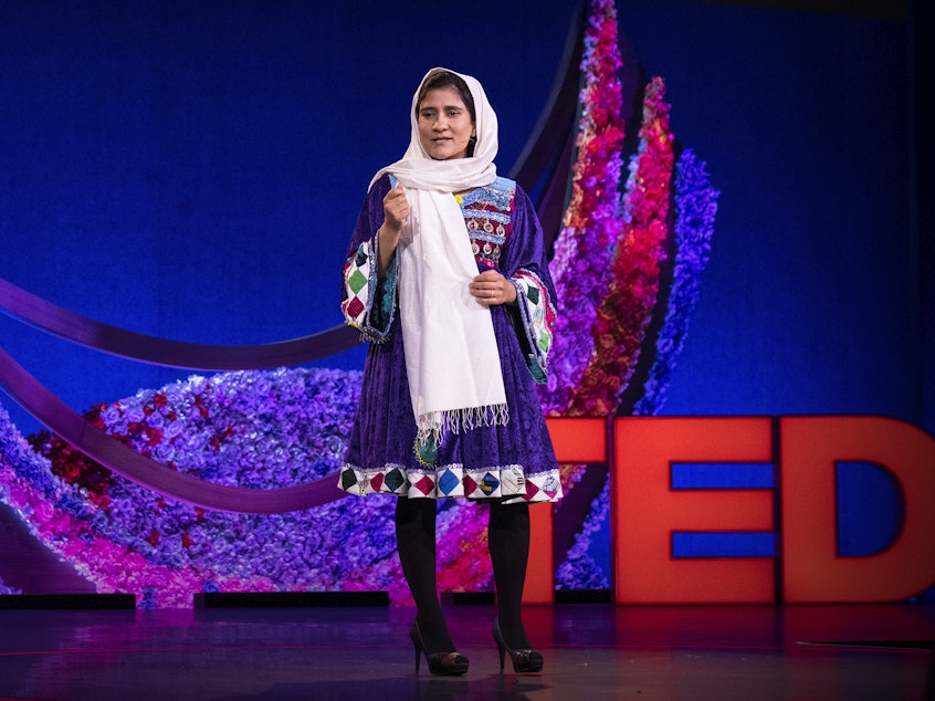 Shabana Basij-Rasikh speaks at SESSION 1 at TEDWomen 2021: What Now? December 1-3, 2021, Palm Springs, California. Photo: Gilberto Tadday / TED