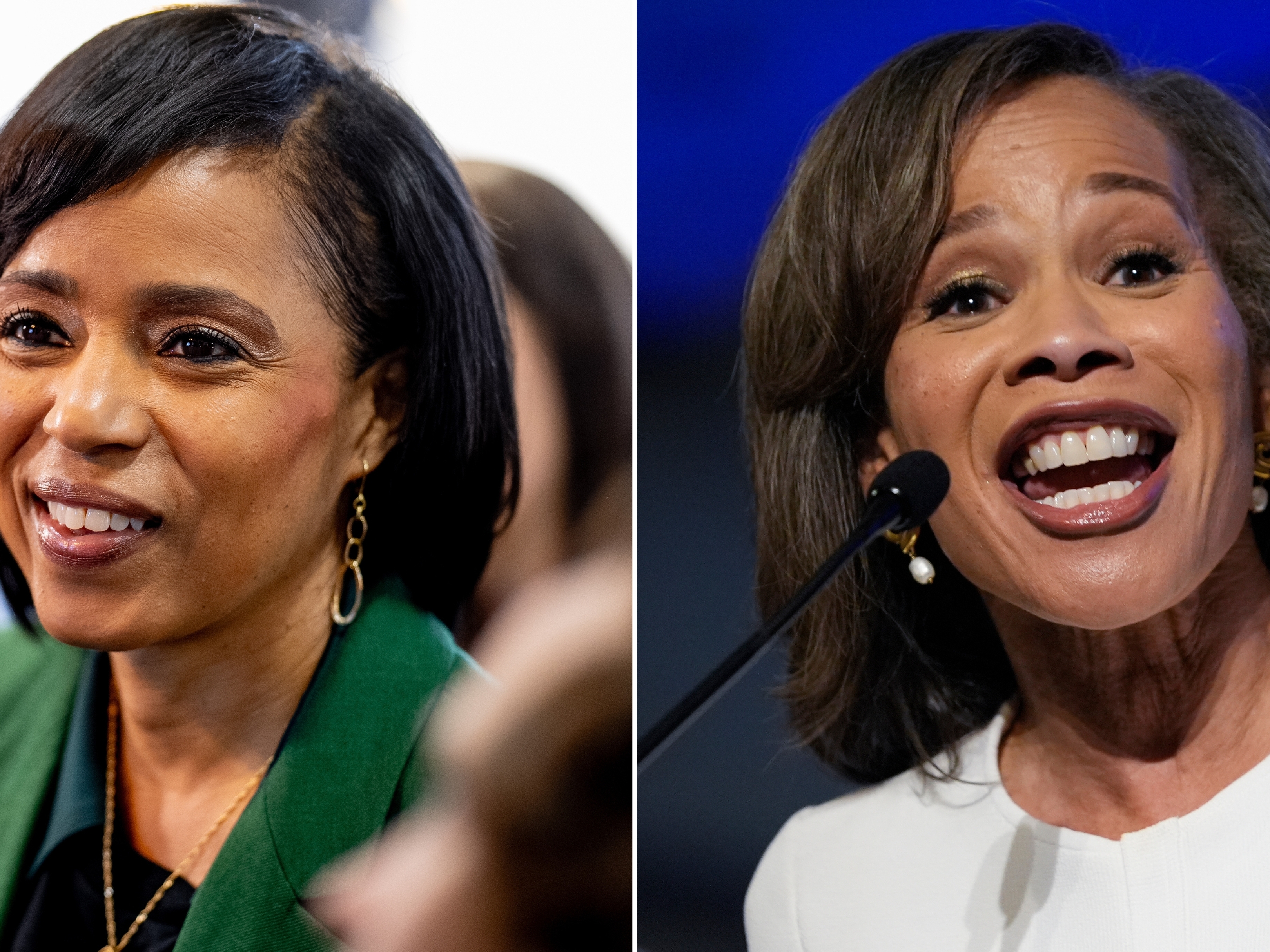 caption: Left: Maryland Democratic Senate candidate Angela Alsobrooks speaks following a campaign stop on Oct. 22, in Kettering, Md. Right: Democratic Delaware Senate candidate state Rep. Lisa Blunt Rochester speaks during an election night watch party.