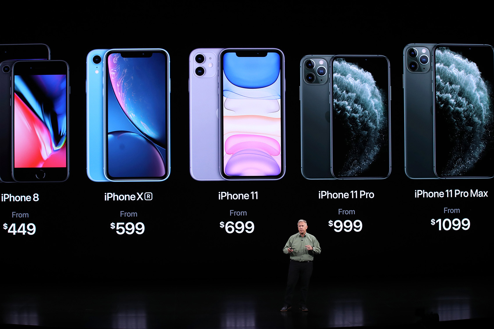 caption: Apple's senior vice president of worldwide marketing Phil Schiller talks about the new iPhone 11 Pro during an Apple special event on Sept. 10, 2019 in Cupertino, Calif. (Justin Sullivan/Getty Images)