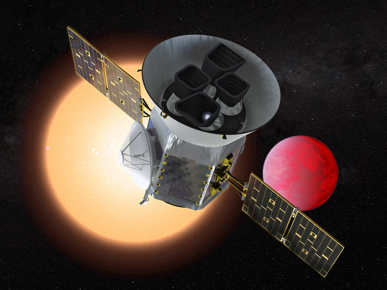 caption: The planet-hunting telescope TESS depicted in front of a lava world orbiting a small red star.