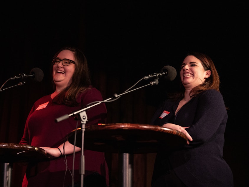 caption: Contestants compete in the final round <em>Ask Me Another</em> at the Bell House in Brooklyn, New York.