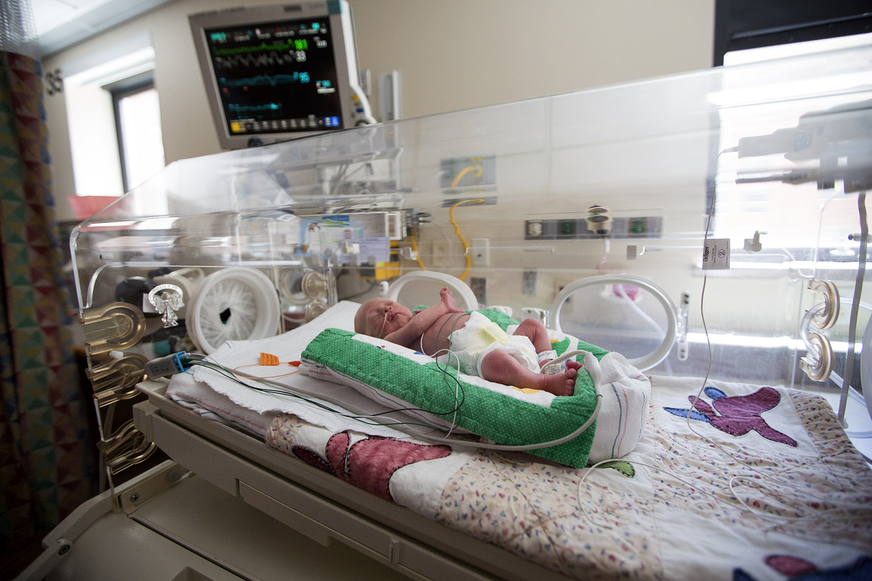 caption: A baby rests in the Neonatal Intensive Care Unit at Tufts Medical Center after being born more than 11 weeks premature. (Jesse Costa/WBUR)
