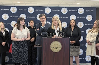 caption: Democratic Washington state Rep. Tina Orwall speaks about the state eliminating the backlog of untested sexual assault kits at a press conference on Thursday, Oct. 26, 2023. 