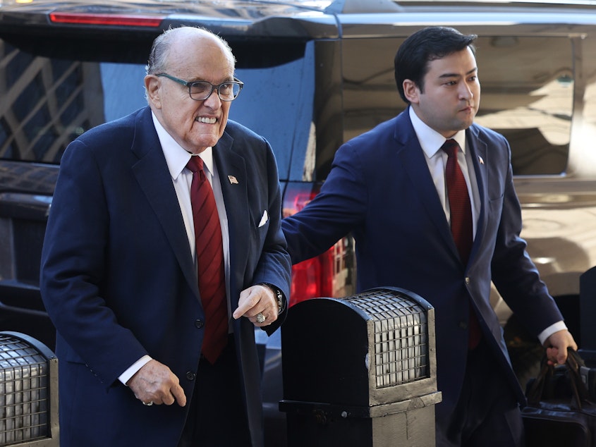 caption: A jury was seated Monday to decide what kind of punitive damages Rudy Giuliani, left, the former lawyer for former President Donald Trump, should pay in a civil case brought by two Georgia election workers who accused him of defamation.