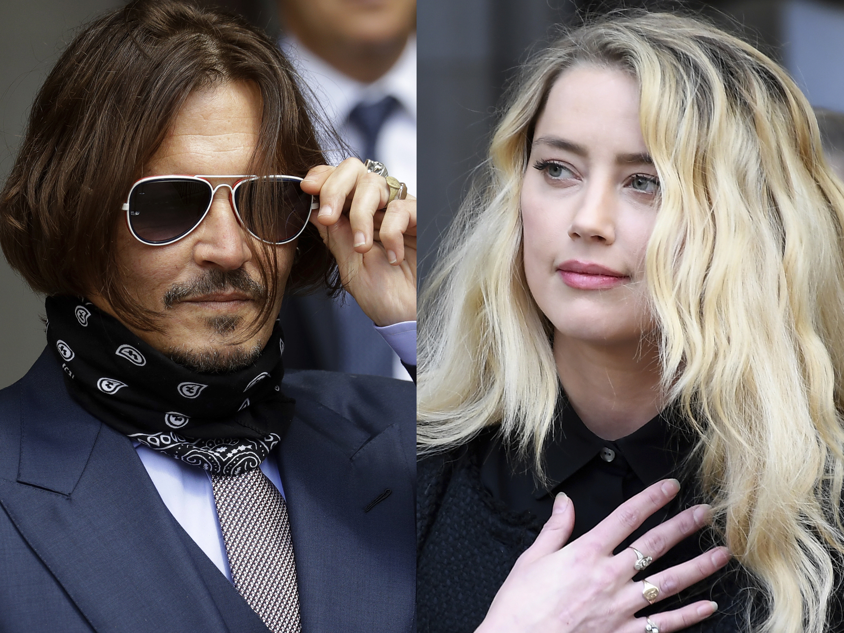 caption: Johnny Depp appears at the High Court in London, on July 17, 2020, left, and Amber Heard appears outside the High Court in London on July 28, 2020. Depp sued Heard for libel in Virginia after <em>The Washington Post</em> published her opinion piece, which Depp's lawyers say falsely implies that she was physically and sexually abused by Depp when the actors were married.