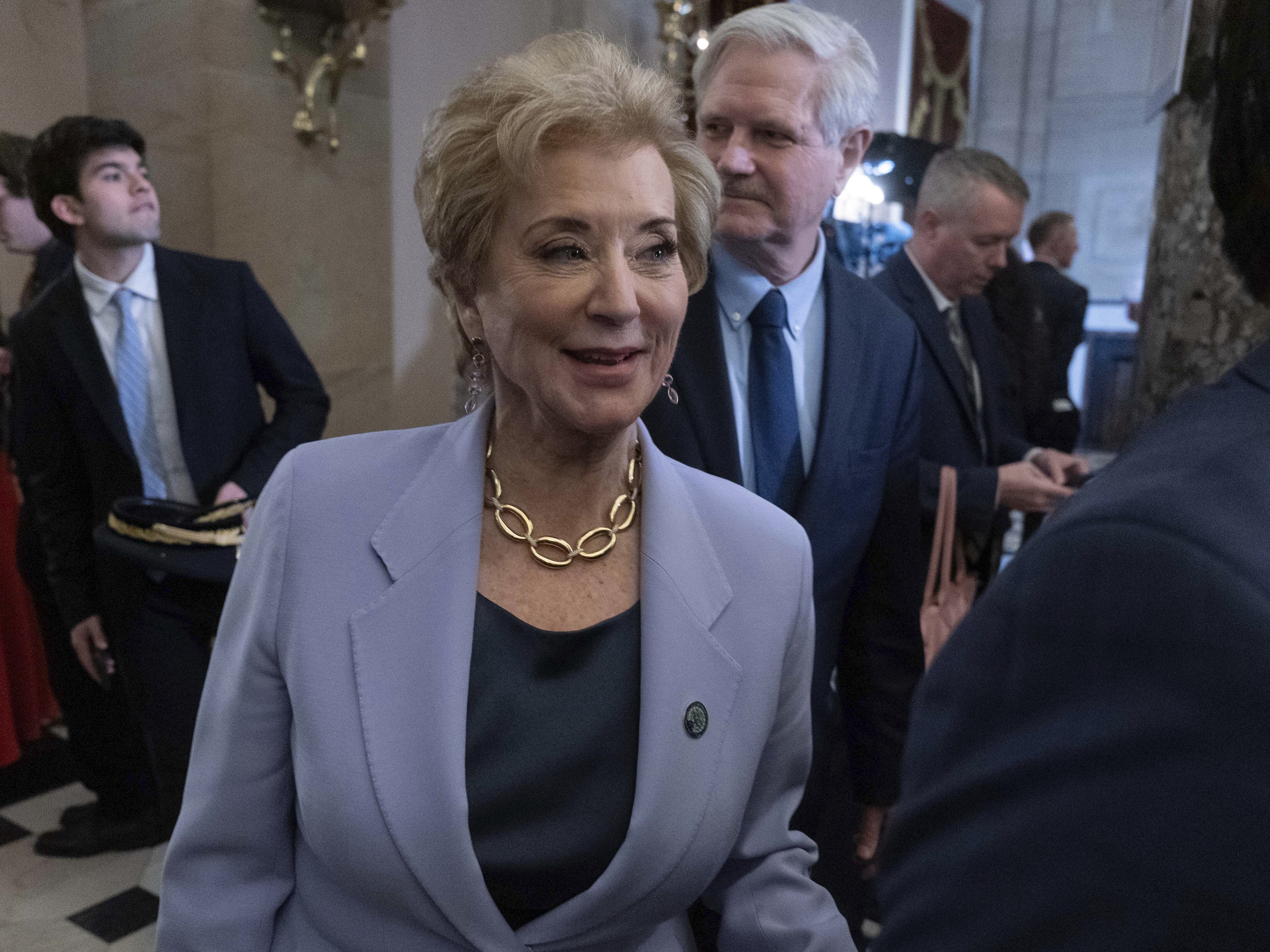 caption: Secretary of Education Linda McMahon leaves the House chamber after President Trump's address to a joint session of Congress at the Capitol in Washington, D.C., on Tuesday.
