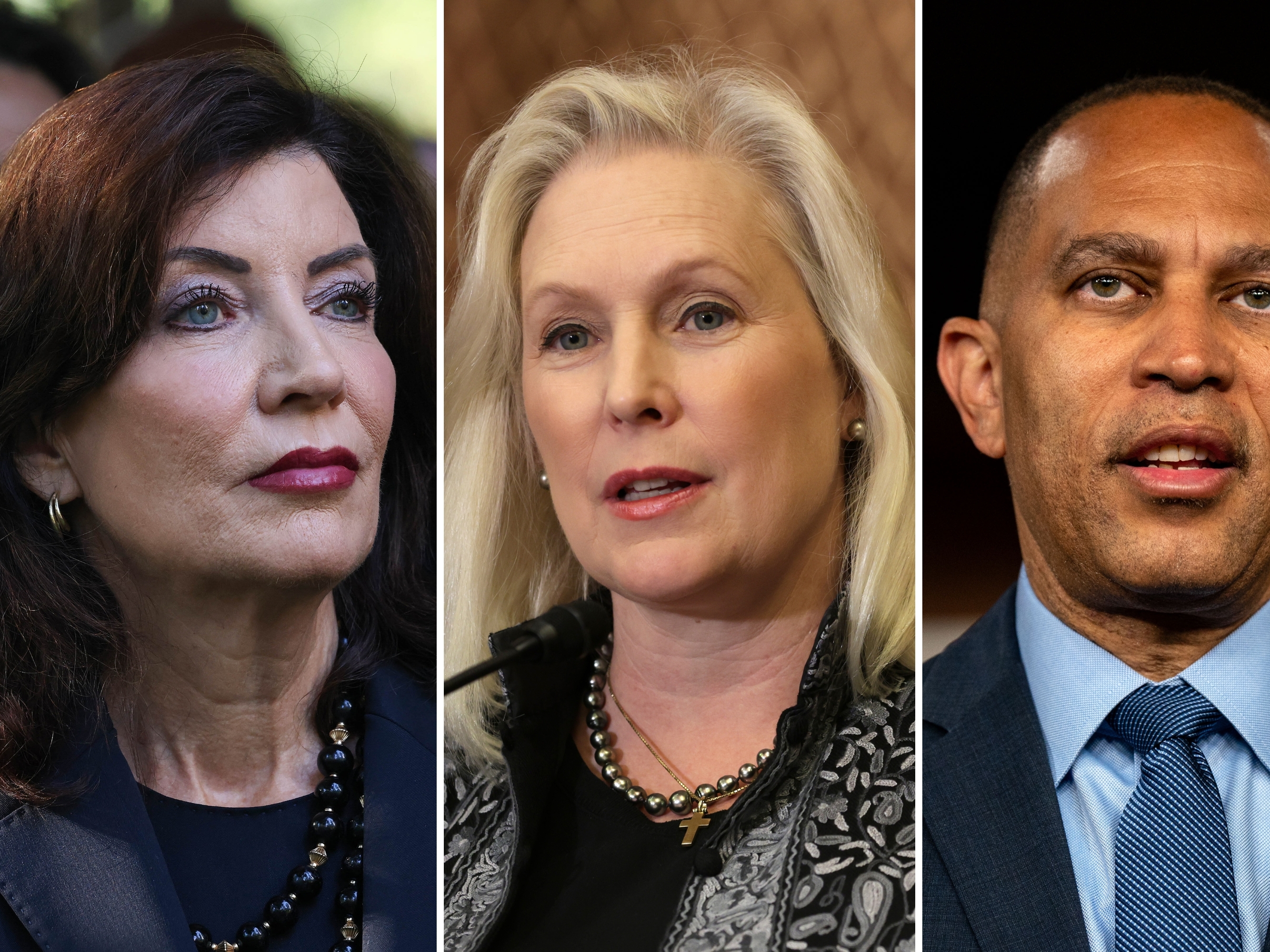 caption: New York Gov. Kathy Hochul attends the annual 9/11 Commemoration Ceremony at the National 9/11 Memorial and Museum on Sept. 11, 2024 in New York City. Middle: U.S. Sen. Kirsten Gillibrand (D-NY) speaks during a news conference on the Family and Medical Leave Act at the U.S. Capitol on February 1, 2023 in Washington, DC. Right: House Minority Leader Hakeem Jeffries (D-NY) speaks during a news conference at the U.S. Capitol on June 14, 2024 in Washington, DC.