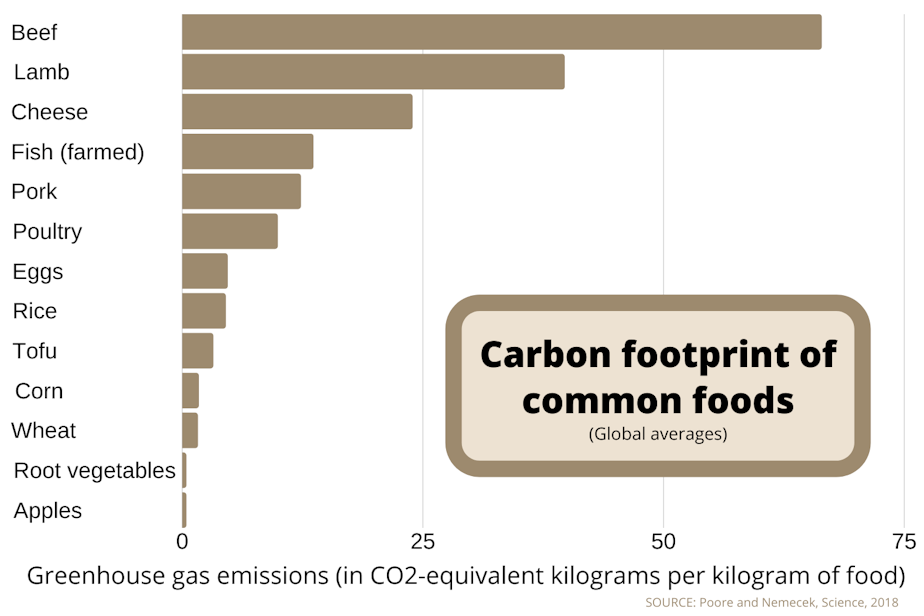 caption: The climate impacts of eating beef, lamb and cheese dwarf those of other foods.