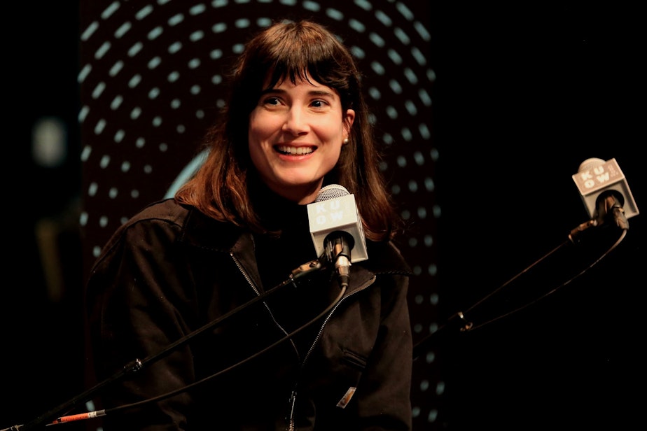 caption: WA Congresswoman Marie Gluesenkamp Perez during the show "Year in Review". Seattle, December 15, 2022