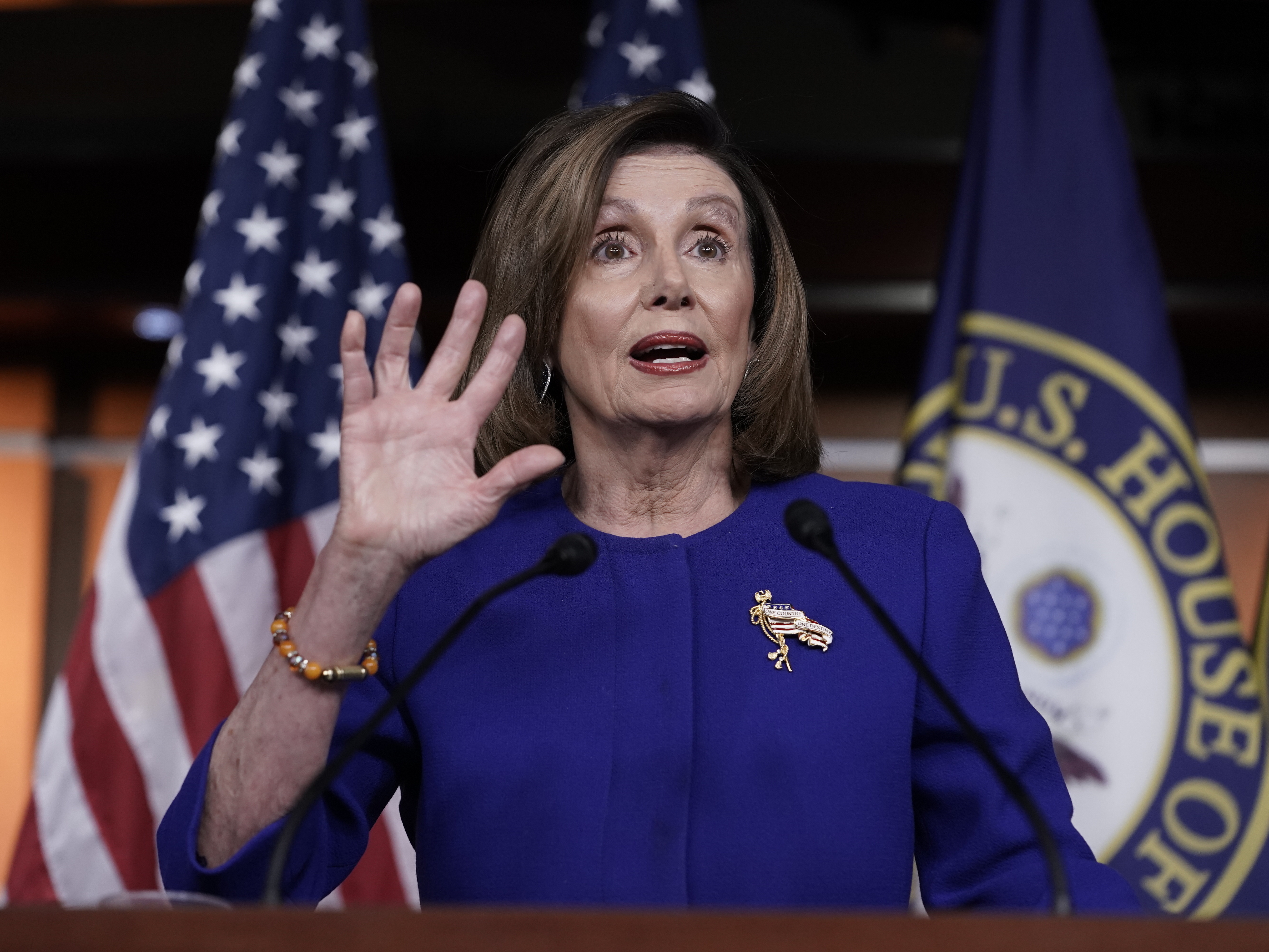 caption: House Speaker Nancy Pelosi says she will send the Senate the articles of impeachment "soon."