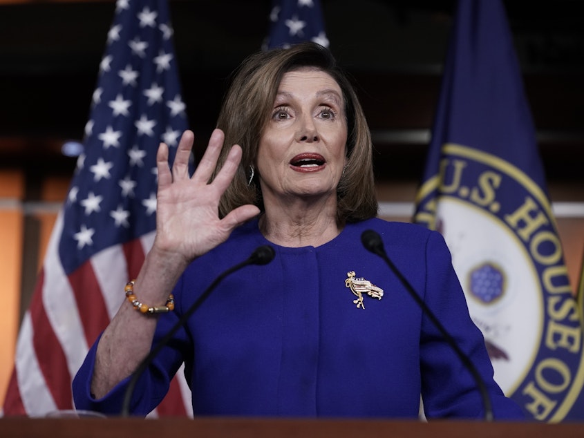 caption: House Speaker Nancy Pelosi says she will send the Senate the articles of impeachment "soon."