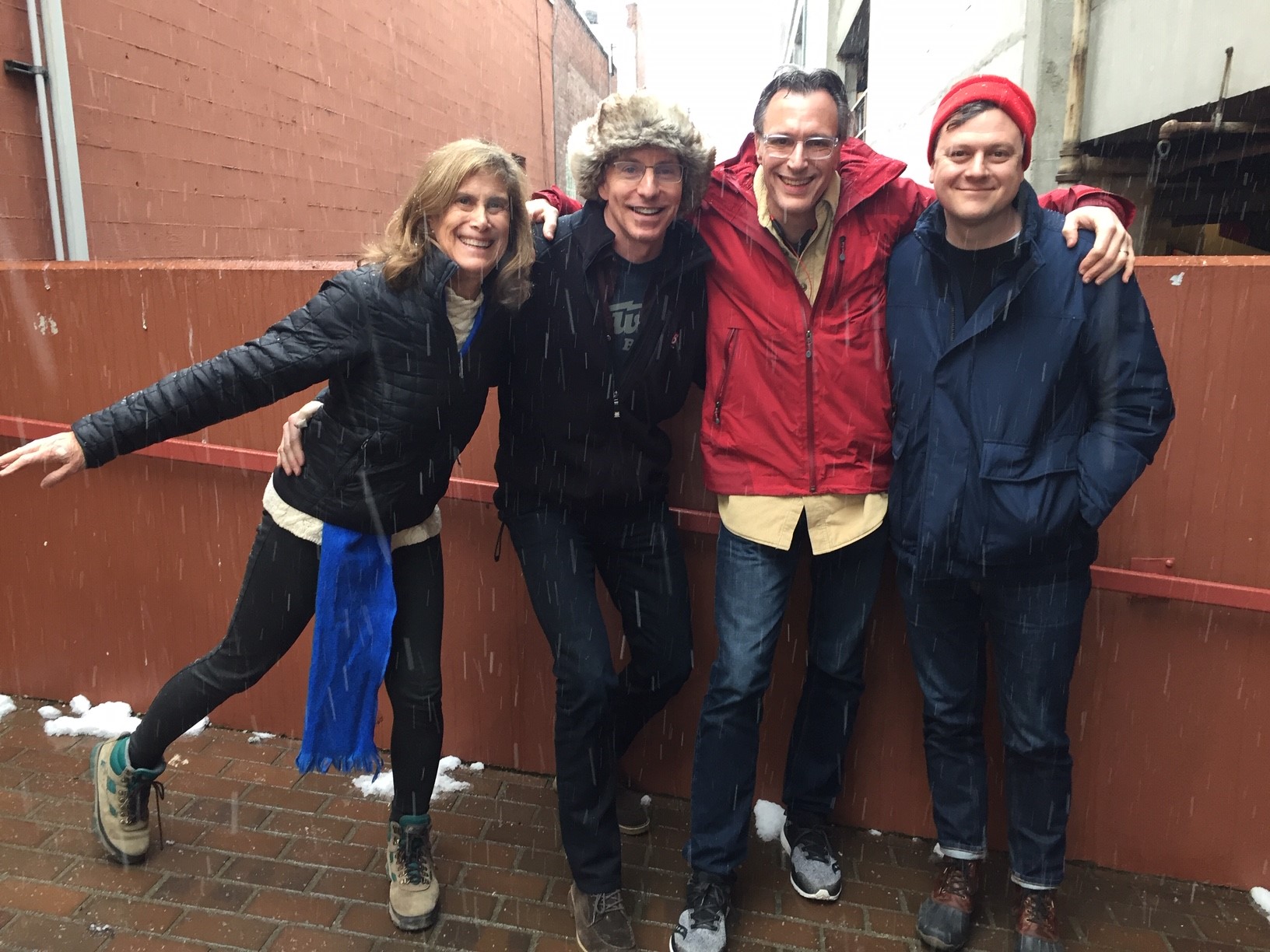 caption: Ready for the snow, Joni Balter, C.R. Douglas, Bill Radke and Luke Burbank [L-R] 
