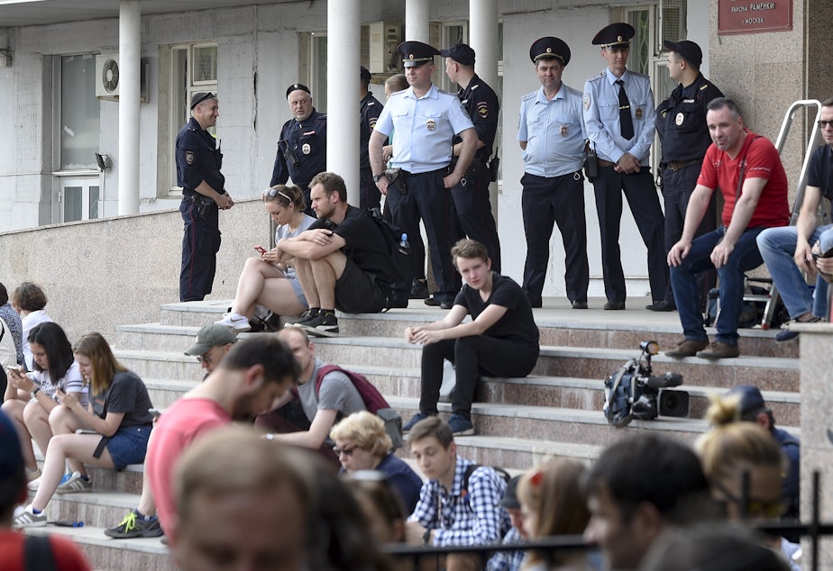 The U.S.-based Free Russia Foundation accuses Russia of exploiting Western legal systems. Above, supporters of arrested journalist Ivan Golunov (freed on Tuesday) gathered at a court building in Moscow.