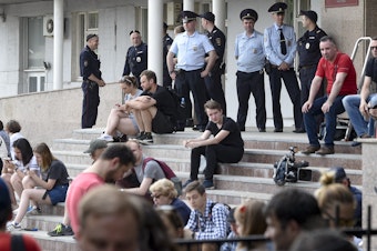 caption: The U.S.-based Free Russia Foundation accuses Russia of exploiting Western legal systems. Above, supporters of arrested journalist Ivan Golunov (freed on Tuesday) gathered at a court building in Moscow.