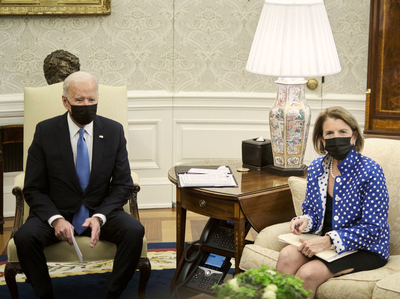 caption: President Biden, with Sen. Shelley Moore Capito of West Virginia on May 13 in the Oval Office, has ended talks with a Republican group she led on infrastructure.