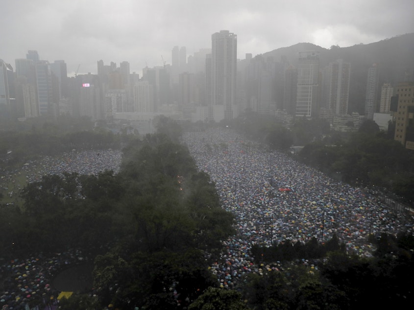 caption: Protesters gather in Hong Kong's Victoria Park on Sunday.