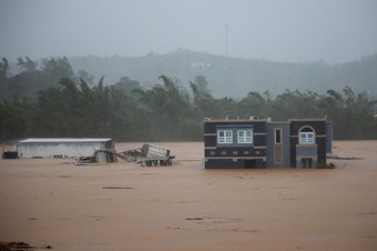 caption: A home is submerged in floodwaters caused by Hurricane Fiona in Cayey, Puerto Rico, on Sunday.