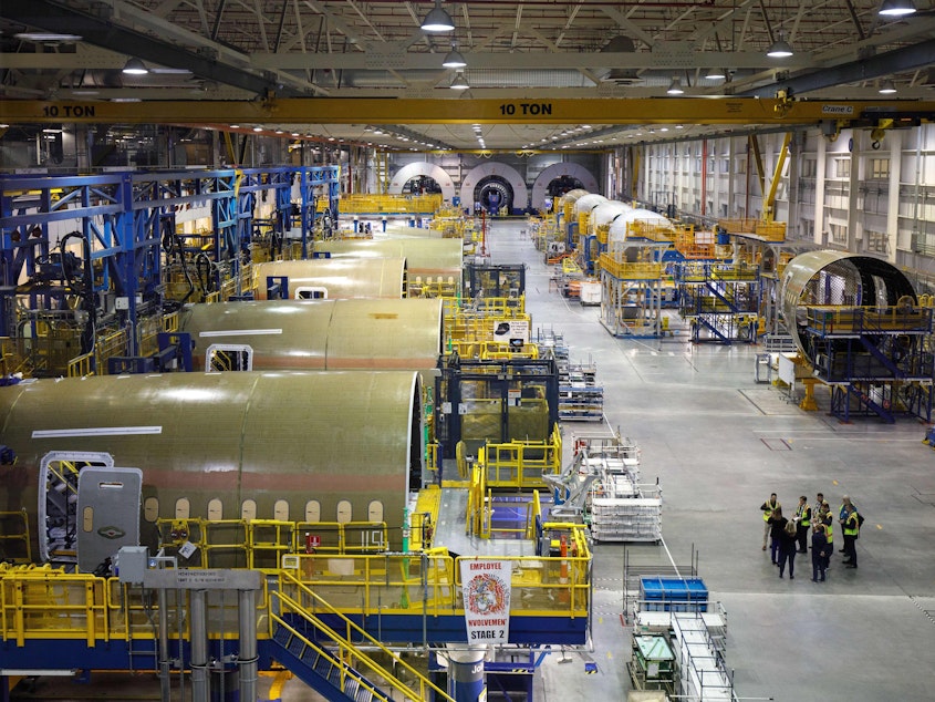 caption: The FAA says it's investigating Boeing after some required inspections of the 787 Dreamliner were not performed as required. Dreamliners are shown under production at Boeing's manufacturing facility in North Charleston, S.C.