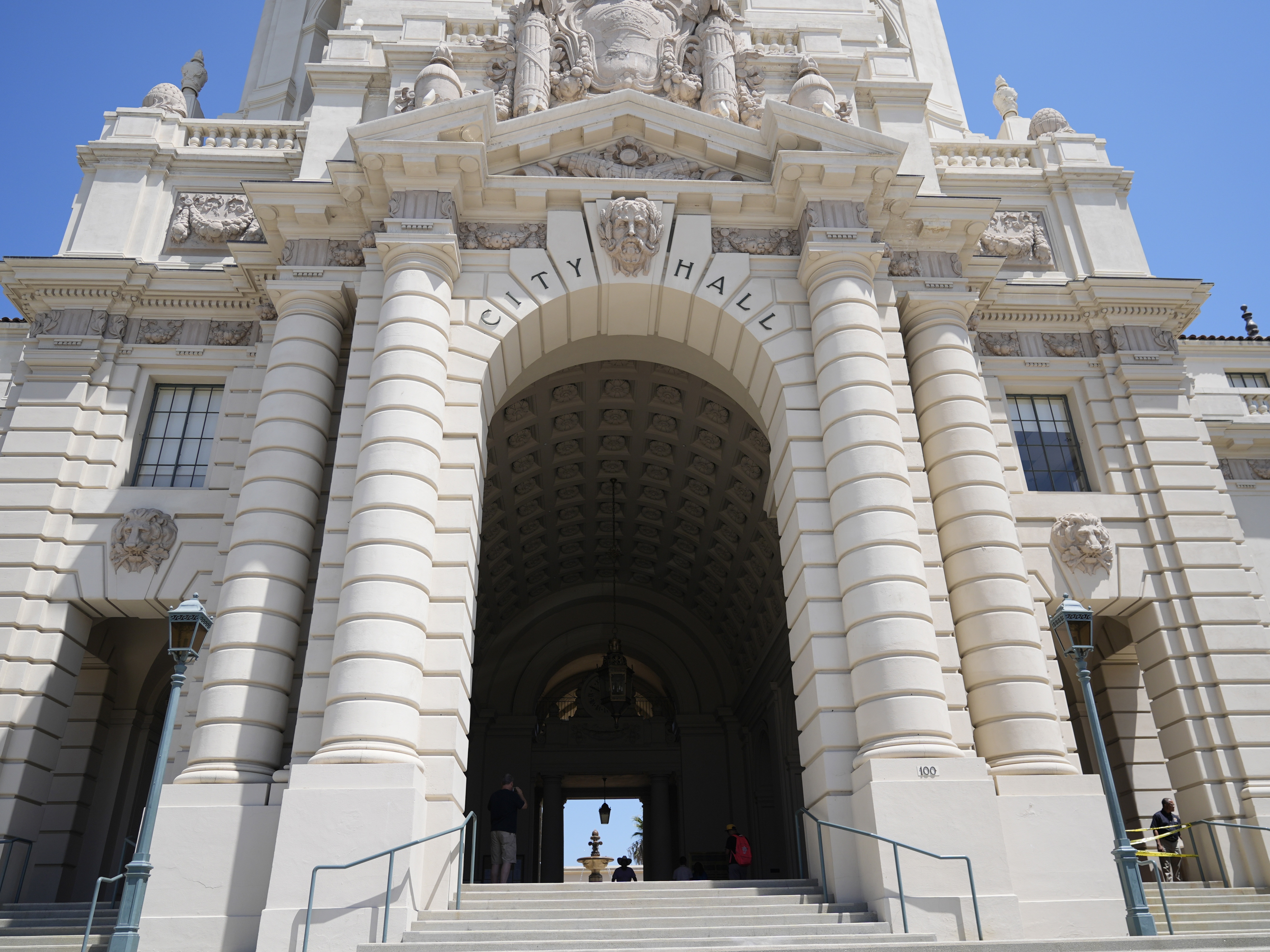 caption: An overall view of Pasadena City Hall is seen Monday, in Pasadena, Calif.